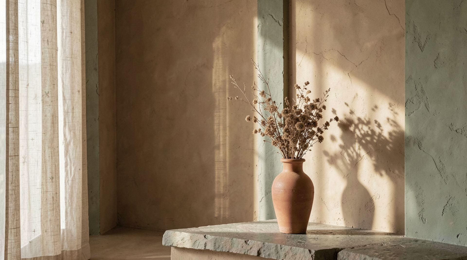 Warm interior with natural light, clay walls and dried botanicals