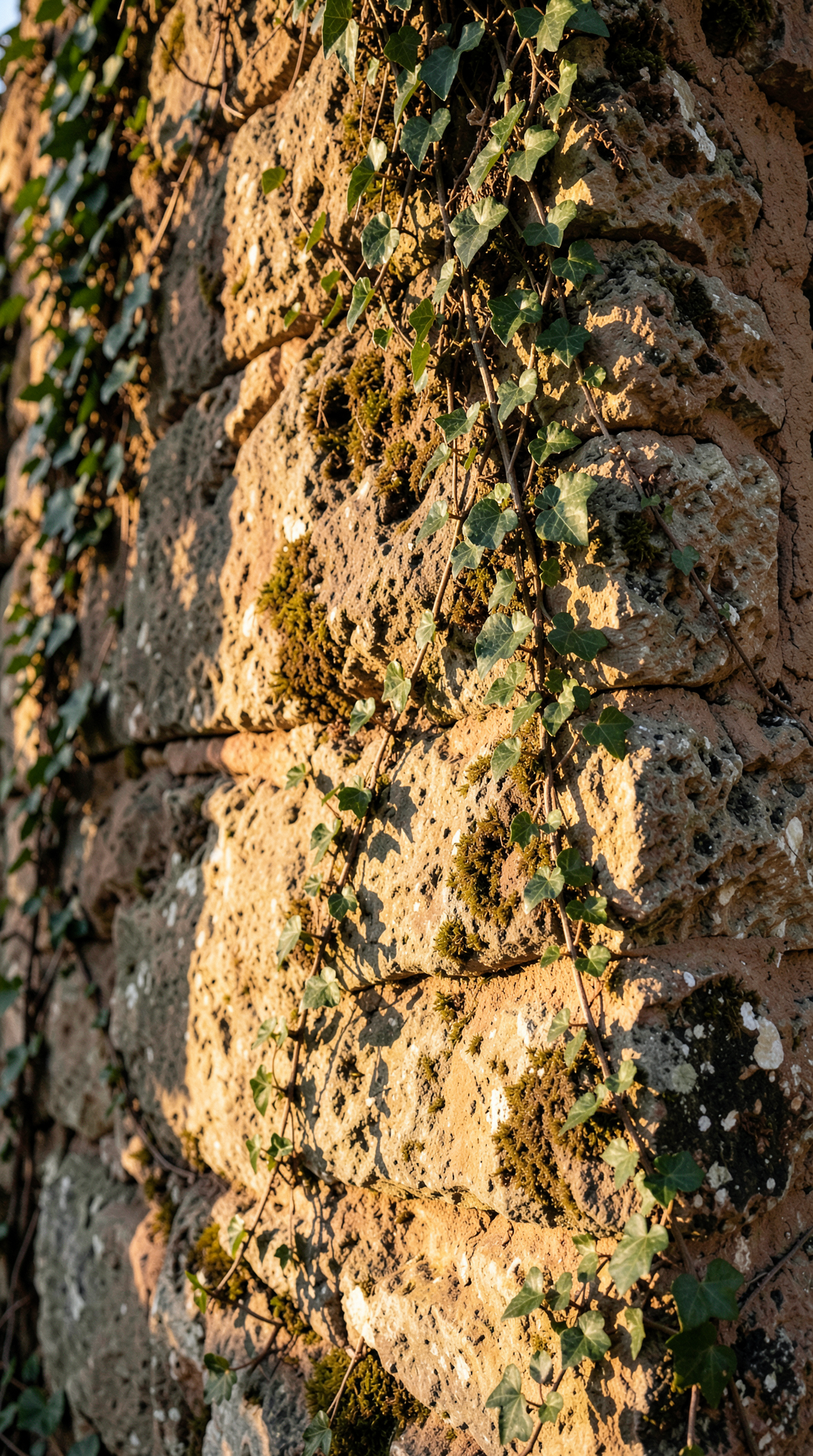 Weathered stone wall with creeping ivy, warm light